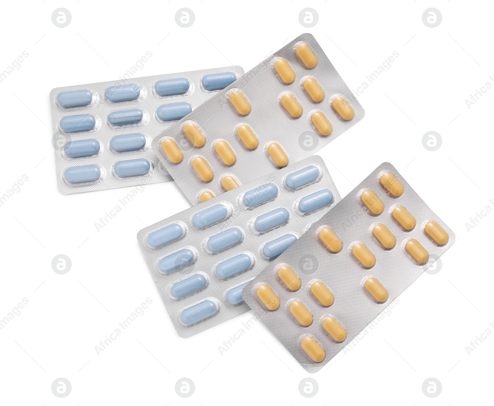 Photo of Different antibiotic pills isolated white, top view