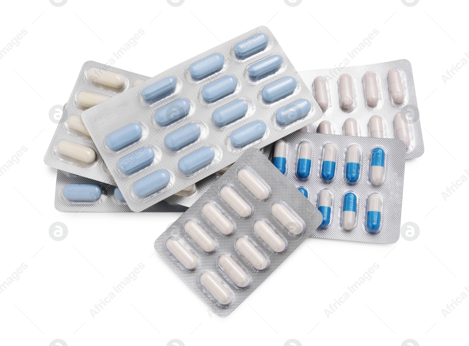 Photo of Different antibiotic pills isolated white, top view