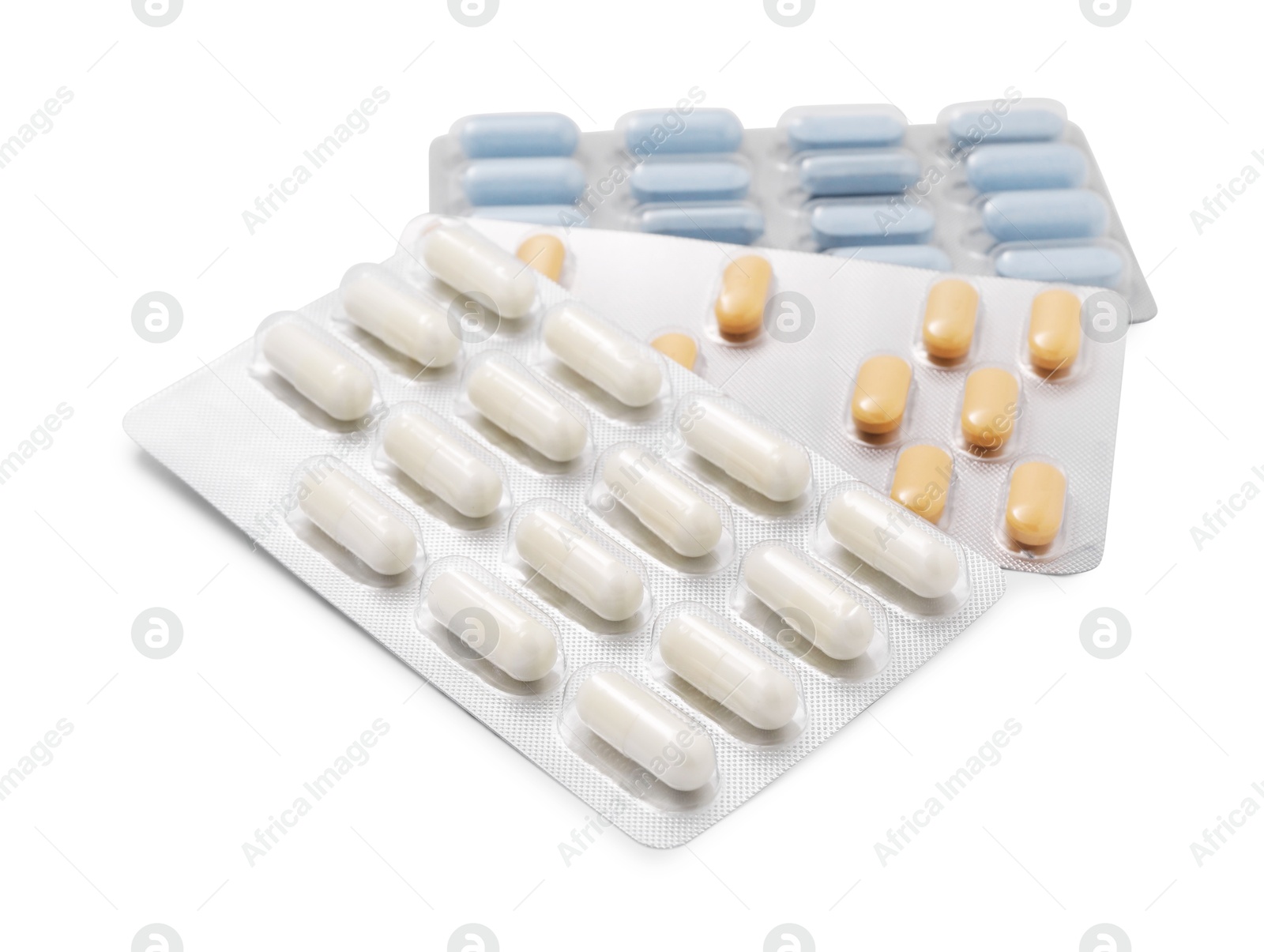 Photo of Different antibiotic pills in blisters isolated on white