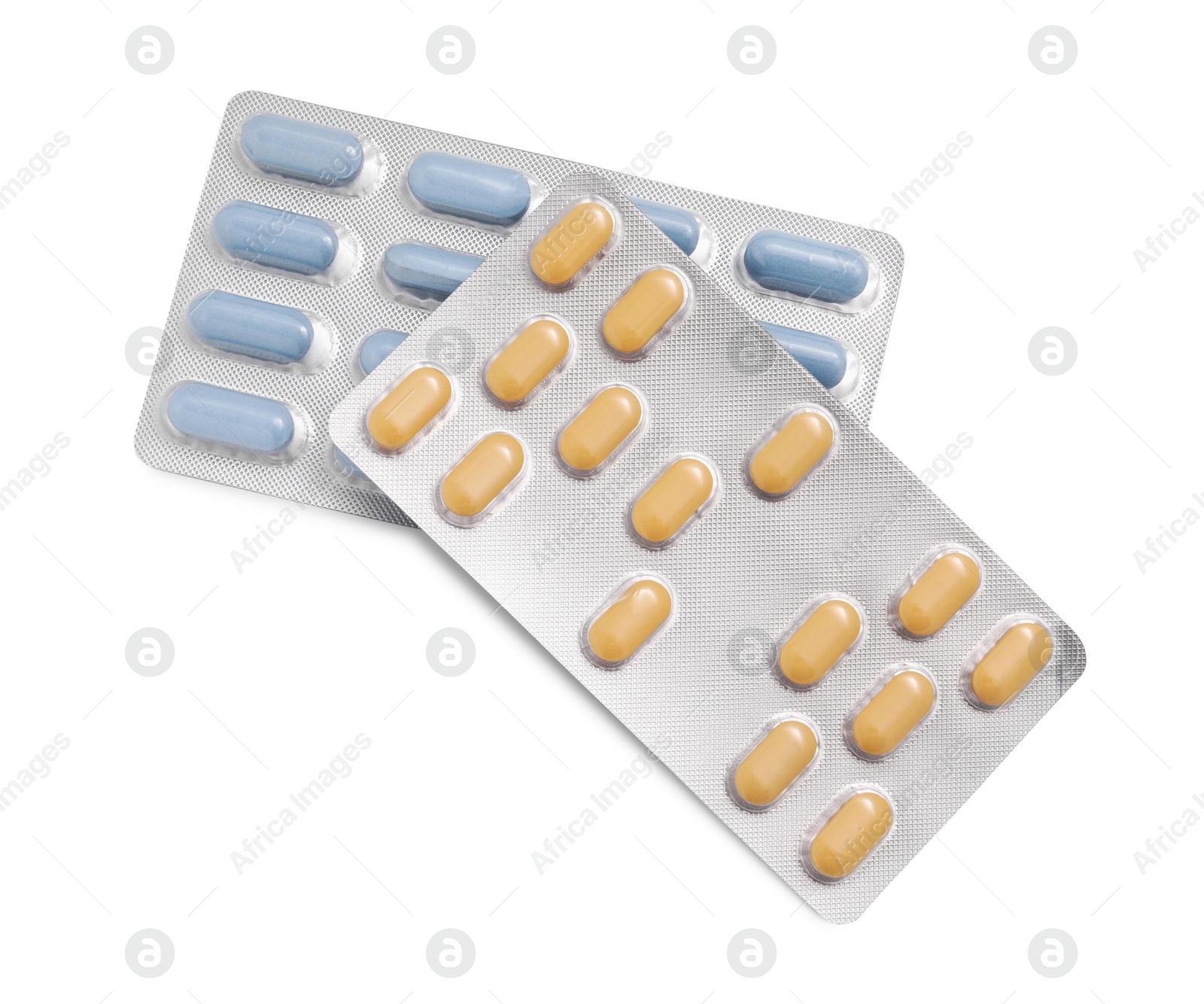 Photo of Different antibiotic pills isolated white, top view