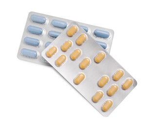 Photo of Different antibiotic pills isolated white, top view