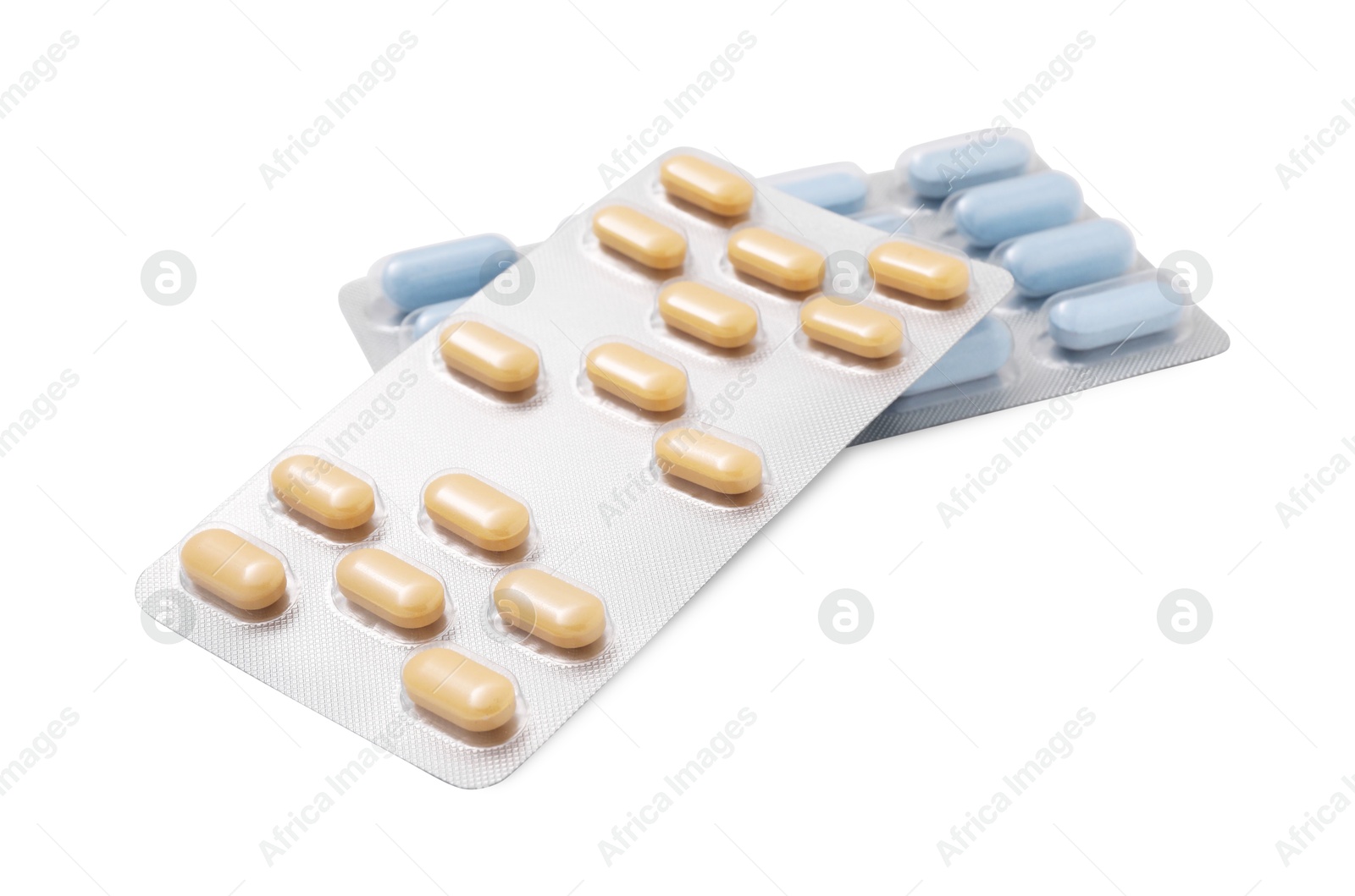 Photo of Different antibiotic pills in blisters isolated on white