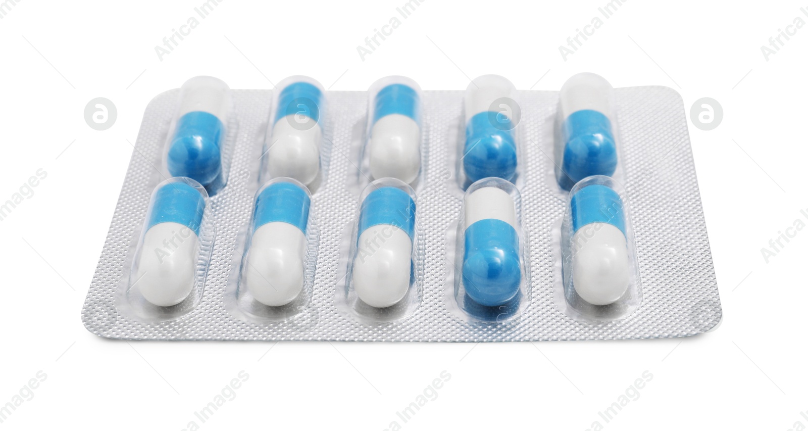 Photo of Antibiotic pills in blister isolated on white