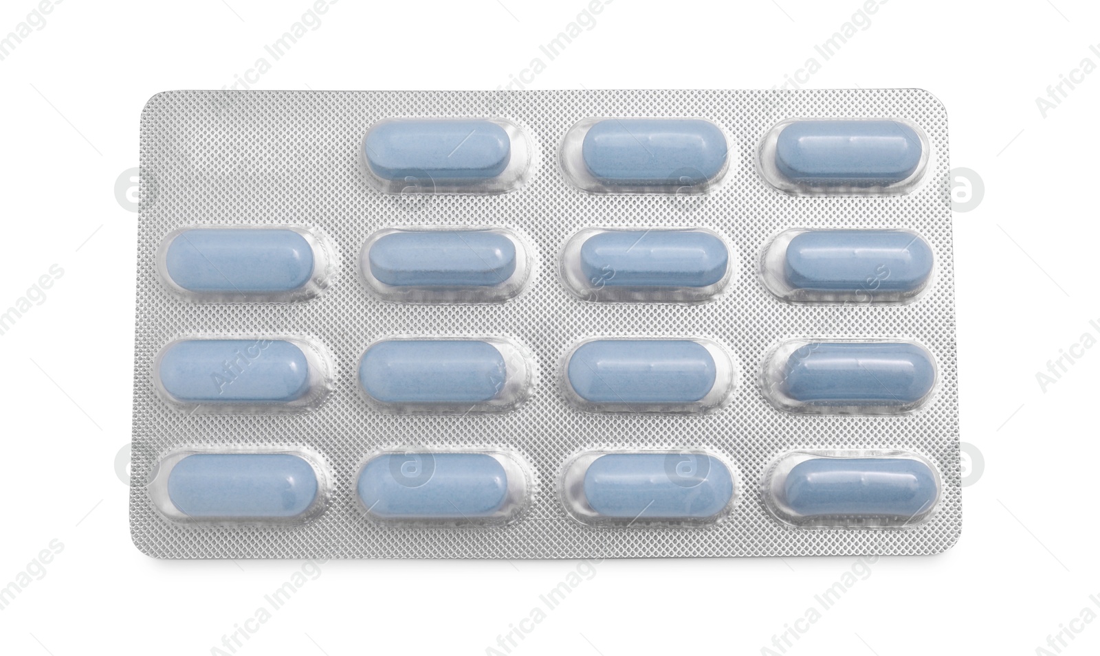 Photo of Antibiotic pills in blister isolated on white, top view