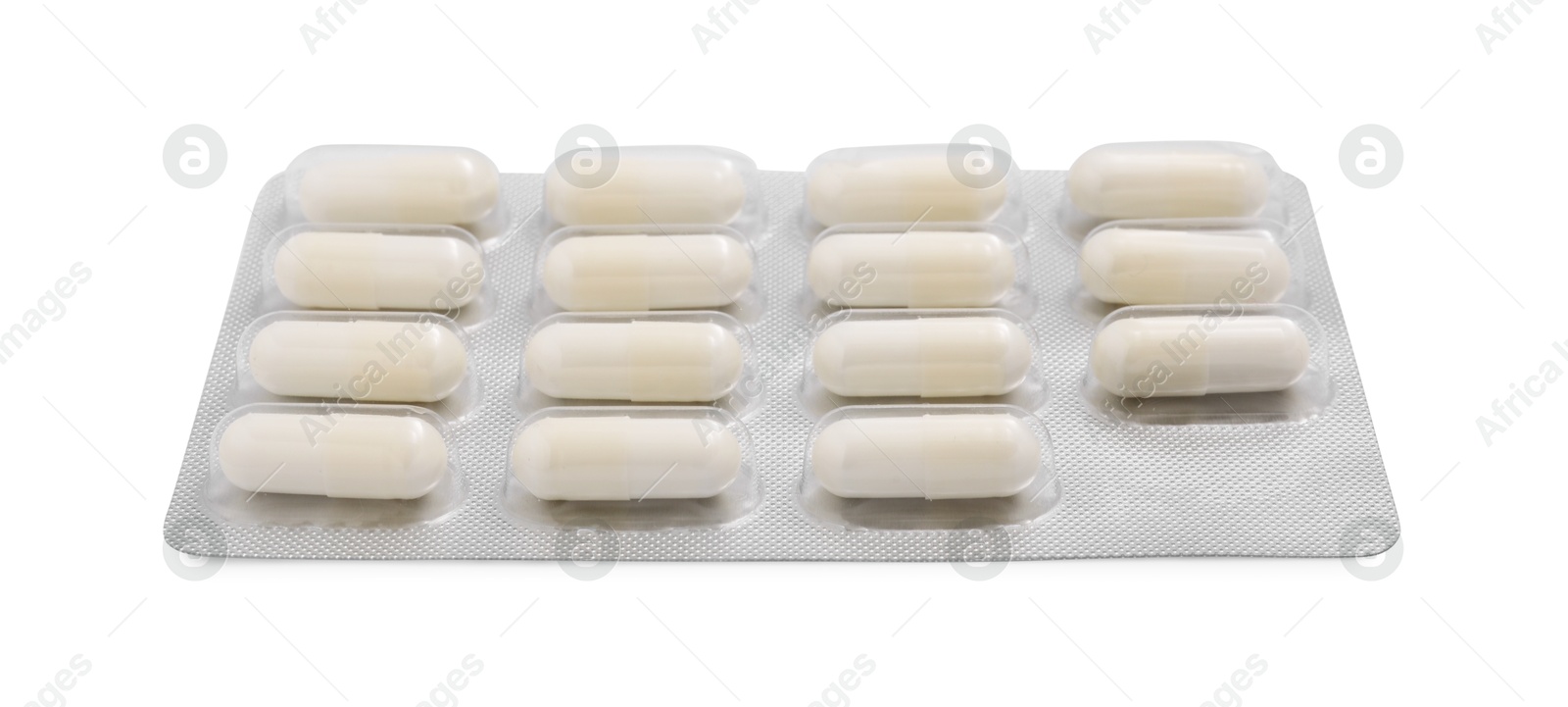 Photo of Antibiotic pills in blister isolated on white