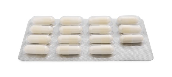 Antibiotic pills in blister isolated on white