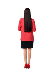 Woman in red jacket and black dress on white background, back view