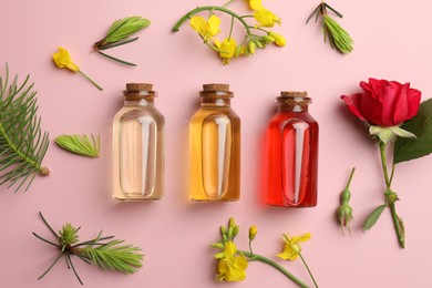 Photo of Aromatherapy. Different essential oils, fir twigs and flowers on pink background, flat lay