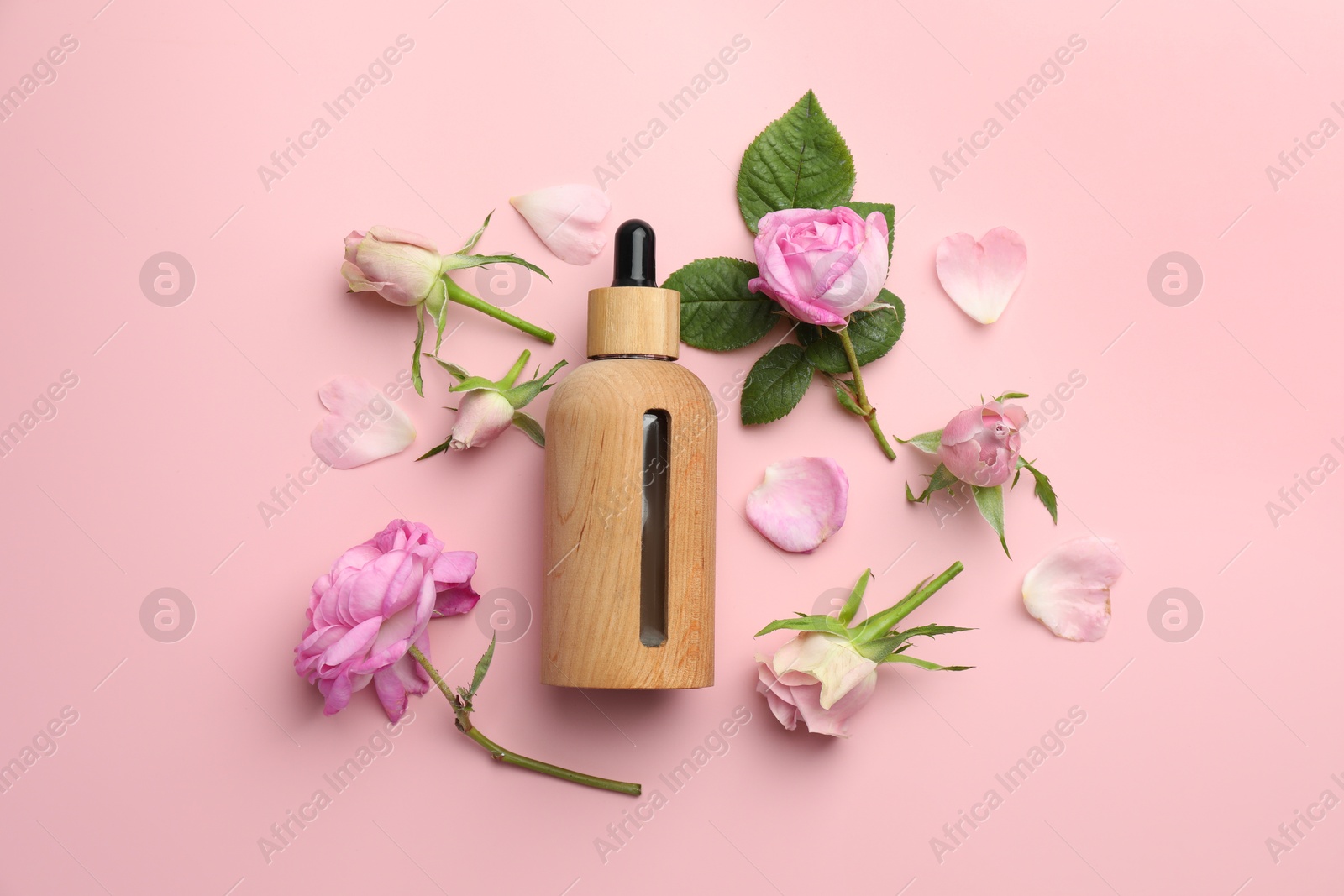 Photo of Aromatherapy. Essential oil, flowers and green leaves on pink background, flat lay