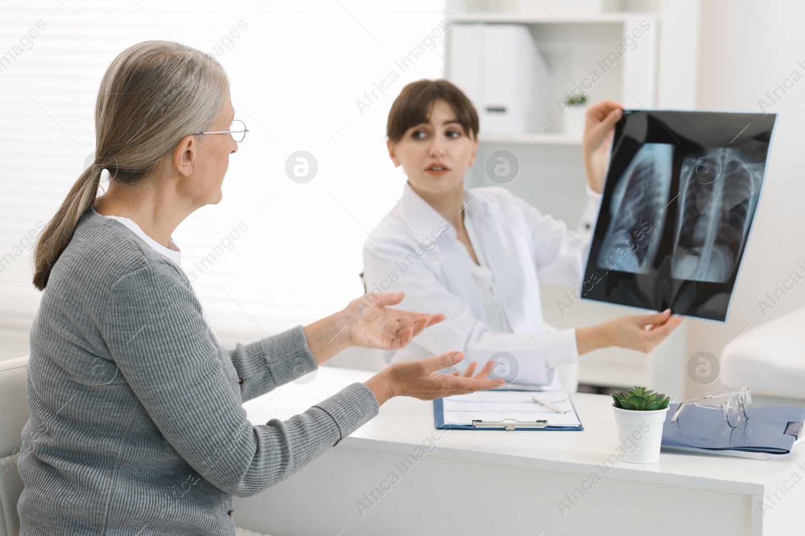 Photo of Lung disease. Doctor showing chest x-ray to her patient at table in clinic