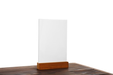 Menu holder on wooden table against white background. Mockup for design