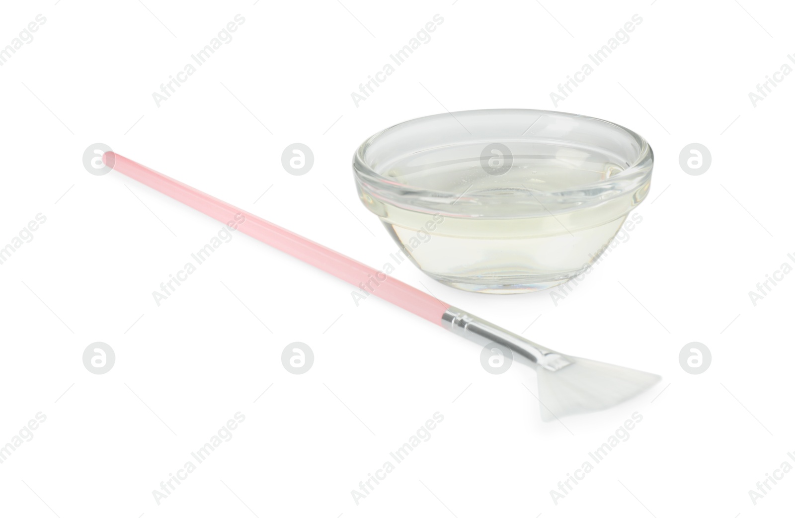 Photo of Bowl of chemical peel and brush isolated on white. Peeling procedure