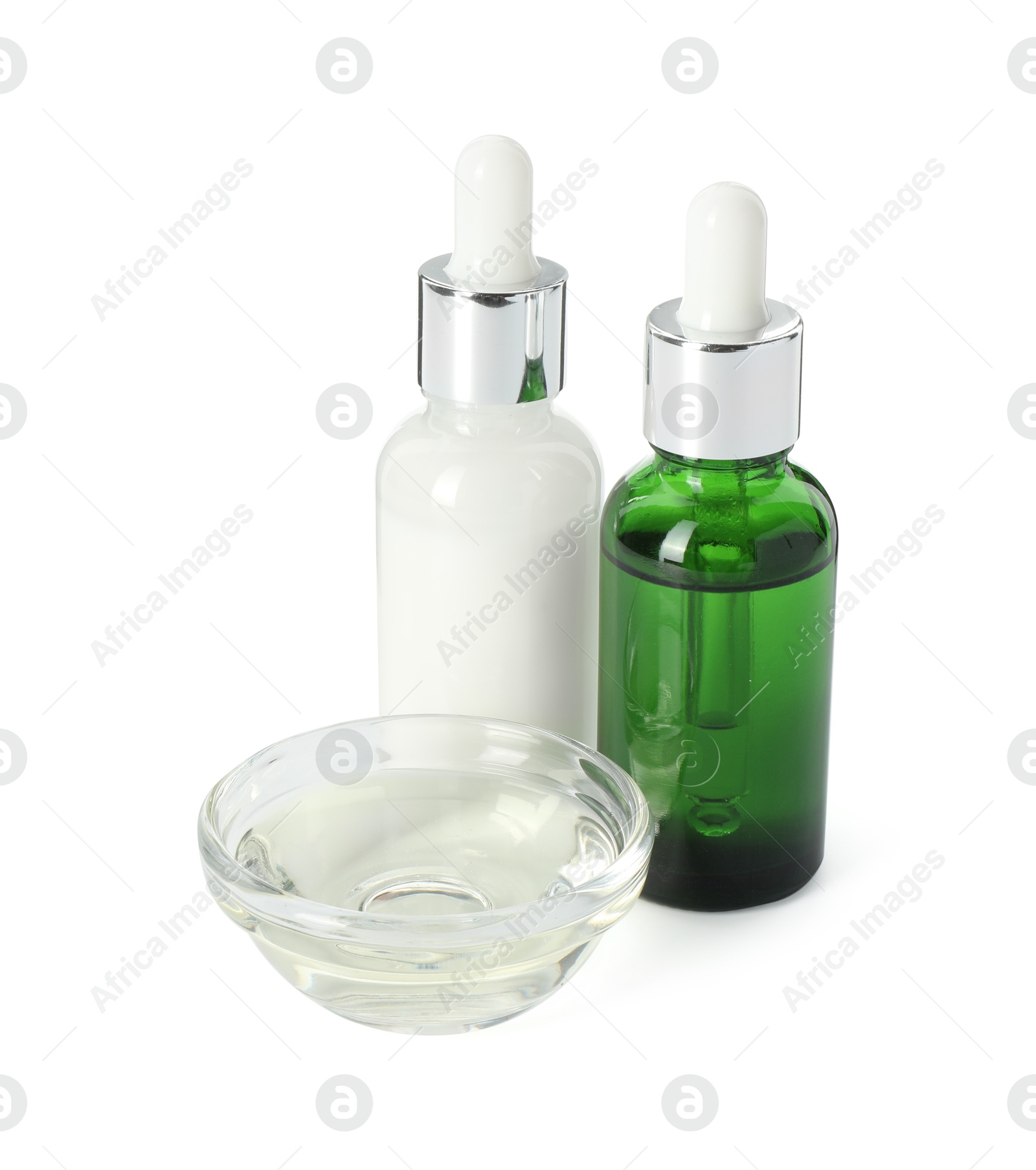 Photo of Bottles and bowl of chemical peel isolated on white. Peeling procedure