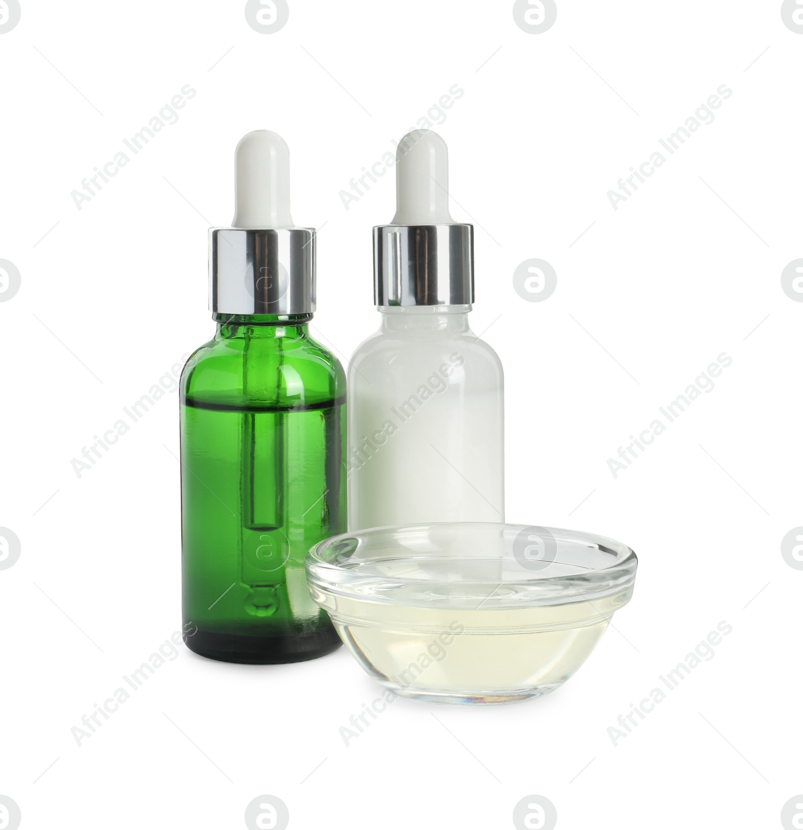 Photo of Bottles and bowl of chemical peel isolated on white. Peeling procedure