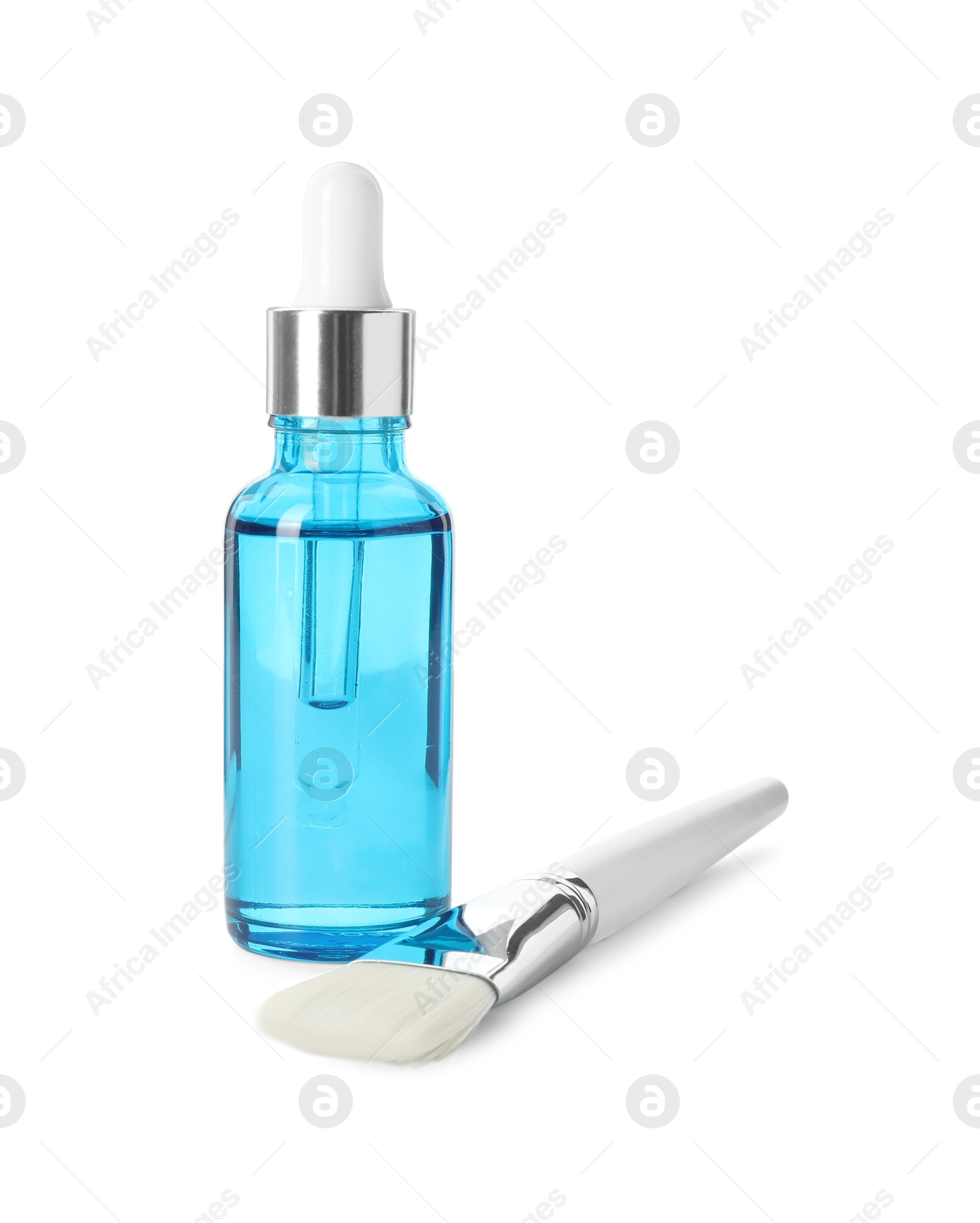 Photo of Bottle of chemical peel and brush isolated on white. Peeling procedure