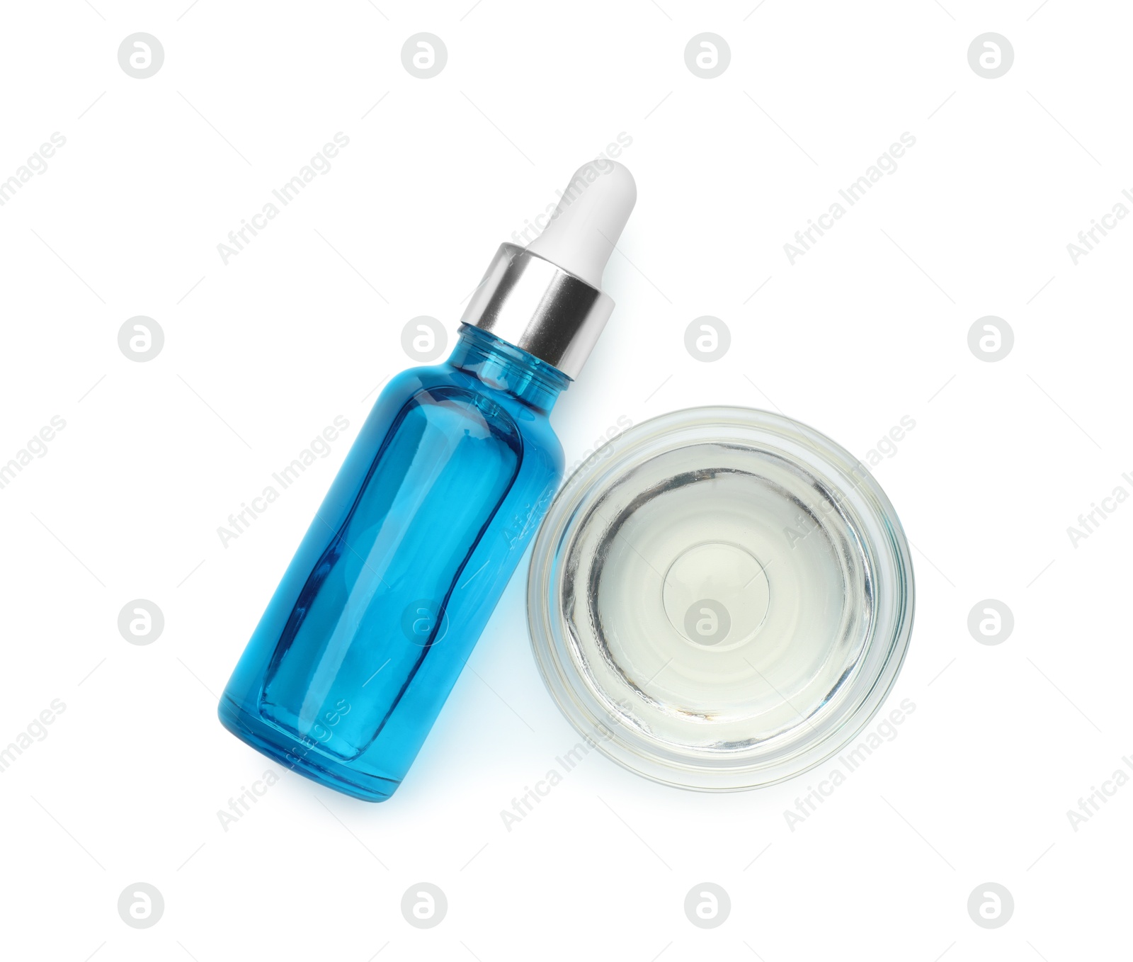 Photo of Bottle and bowl of chemical peel isolated on white, top view. Peeling procedure