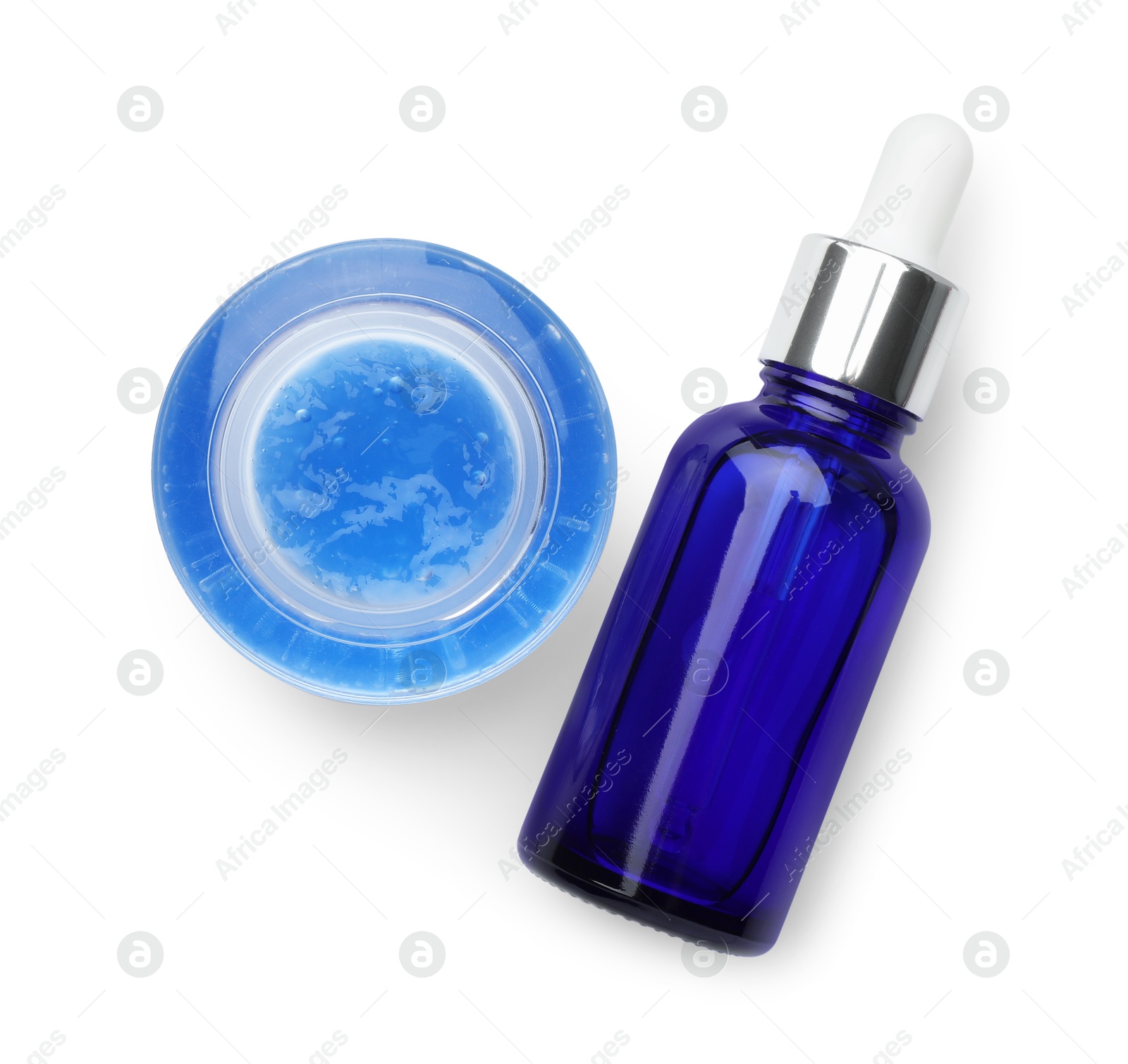 Photo of Bottle and bowl of chemical peel isolated on white, top view. Peeling procedure