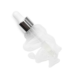 Photo of Pipette with chemical peel isolated on white, top view. Peeling procedure