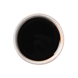 Delicious balsamic vinegar in bowl isolated on white, top view