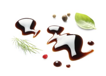 Photo of Delicious balsamic vinegar, basil, dill and peppercorns isolated on white