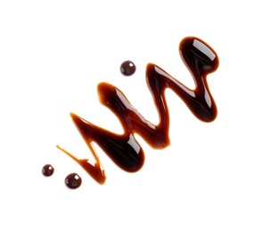 Photo of Sample of delicious balsamic vinegar isolated on white, top view