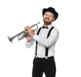 Photo of Smiling musician with trumpet on white background