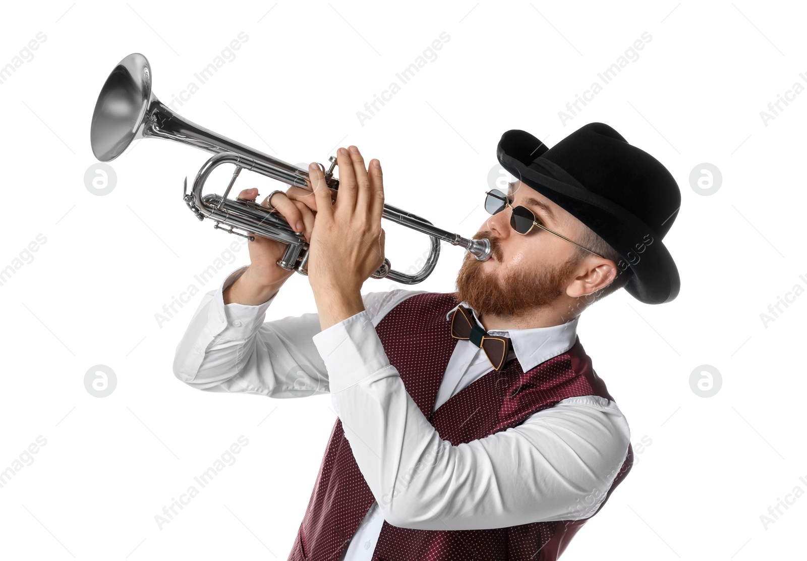 Photo of Handsome musician playing trumpet on white background