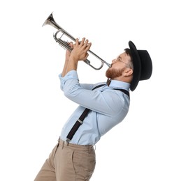 Photo of Handsome musician playing trumpet on white background