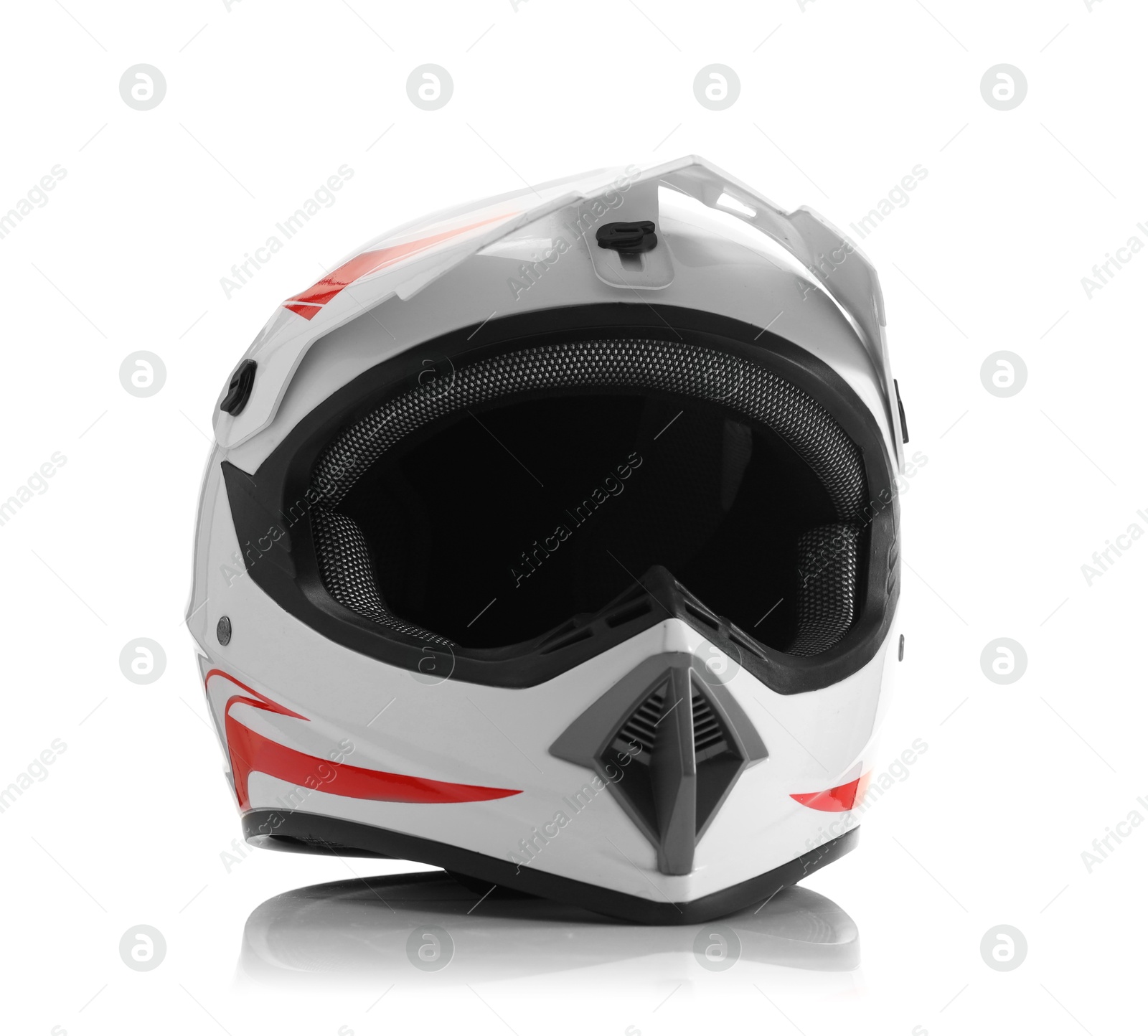 Photo of New stylish motorcycle helmet isolated on white