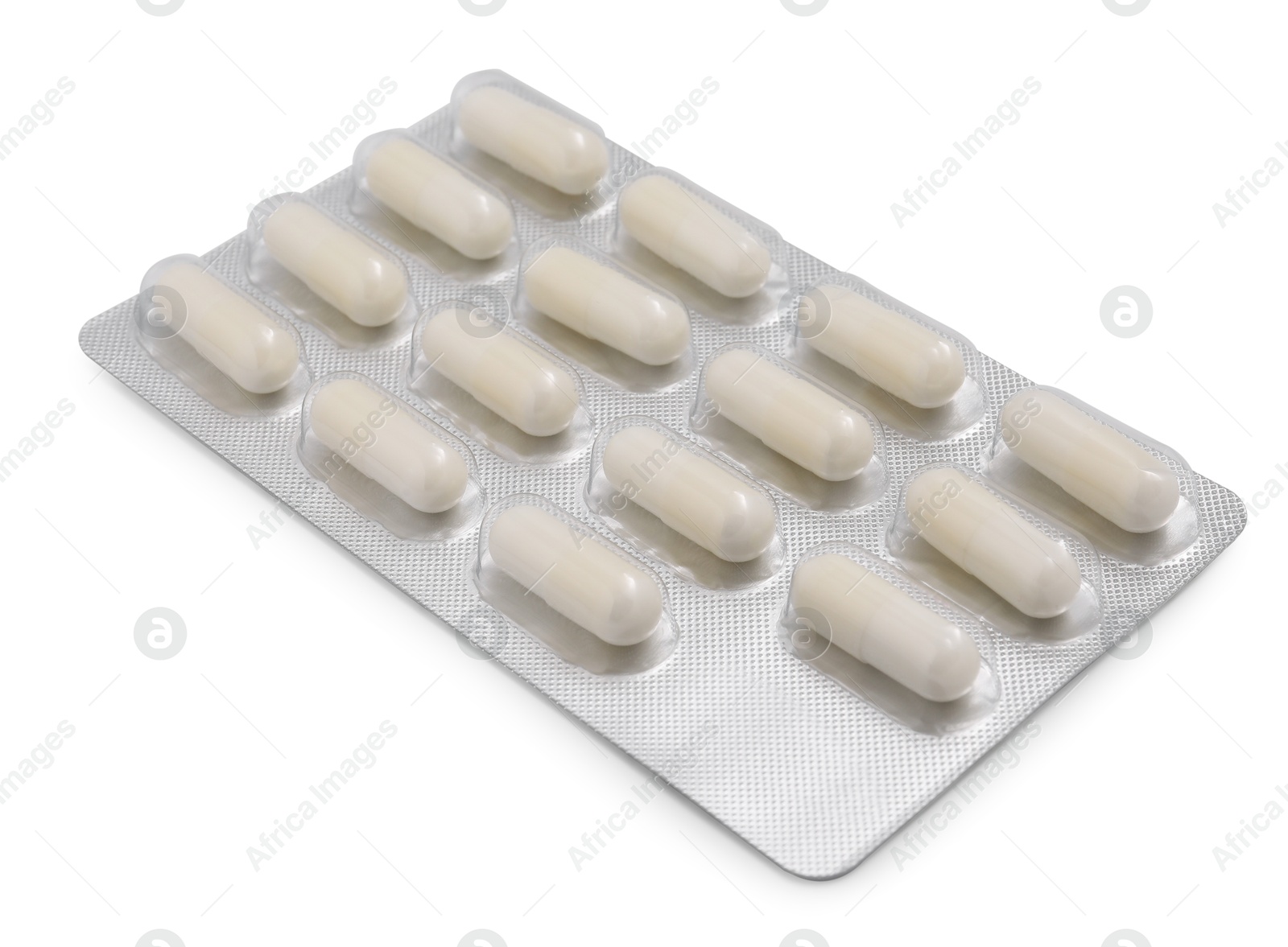 Photo of Antibiotic pills in blister isolated on white