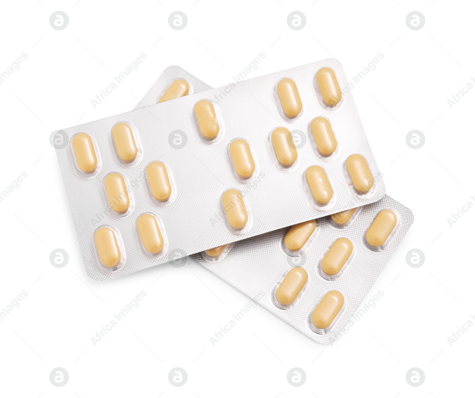 Photo of Antibiotic pills in blisters isolated on white, top view