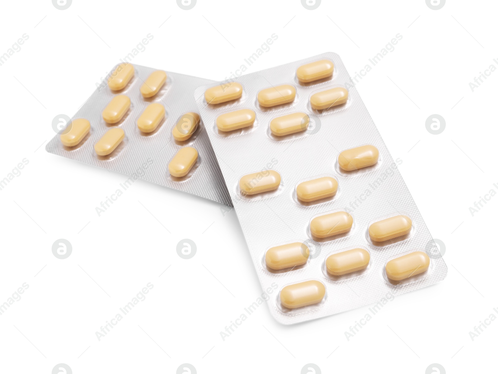 Photo of Antibiotic pills in blisters isolated on white