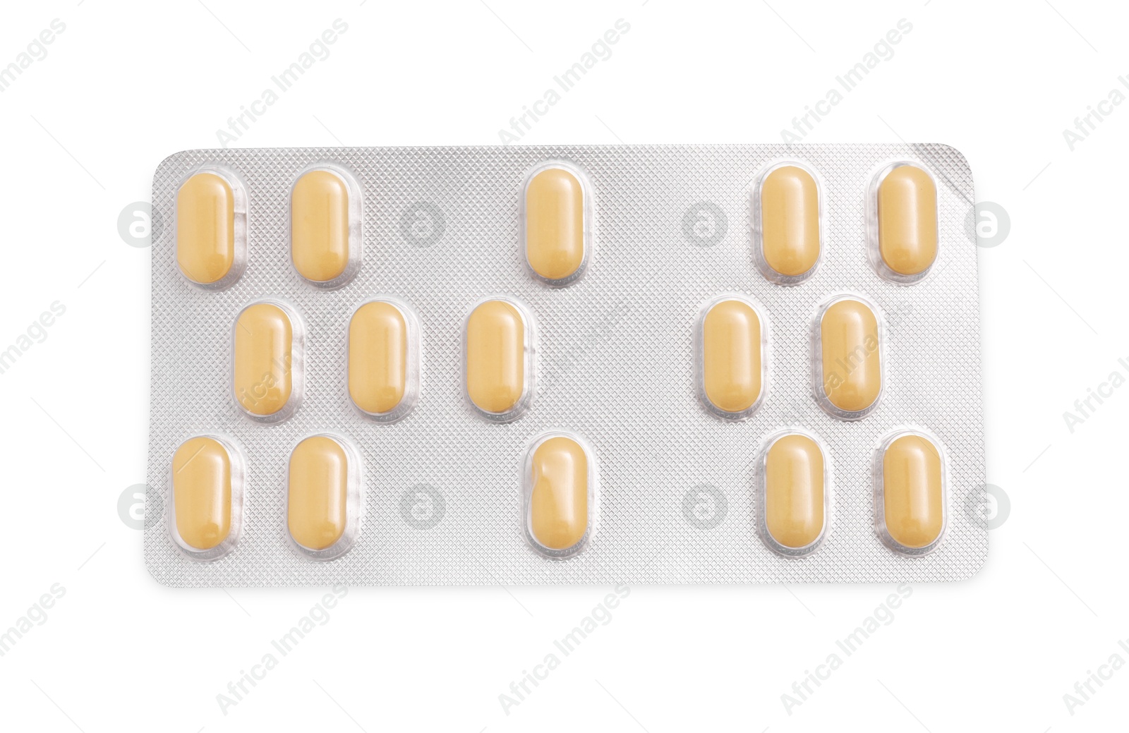 Photo of Antibiotic pills in blister isolated on white, top view