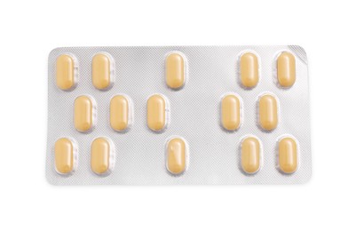 Antibiotic pills in blister isolated on white, top view