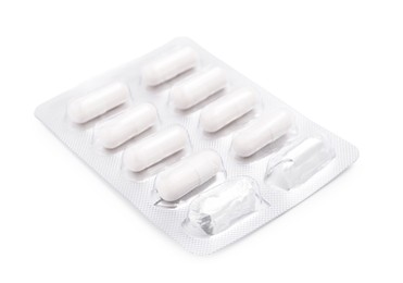 Photo of Antibiotic pills in blister isolated on white