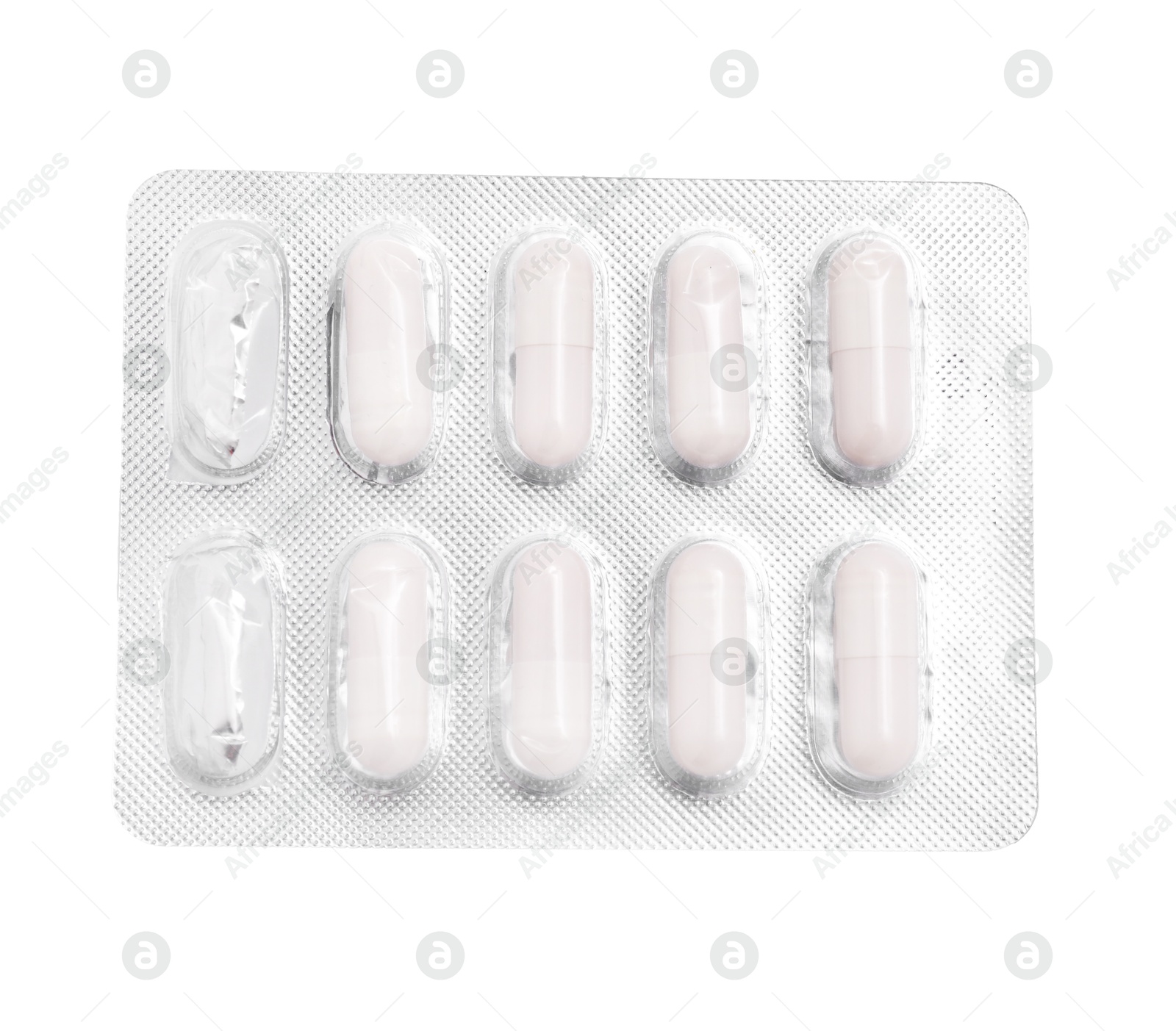 Photo of Antibiotic pills in blister isolated on white, top view