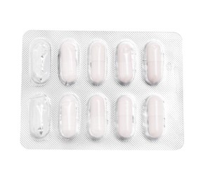 Antibiotic pills in blister isolated on white, top view