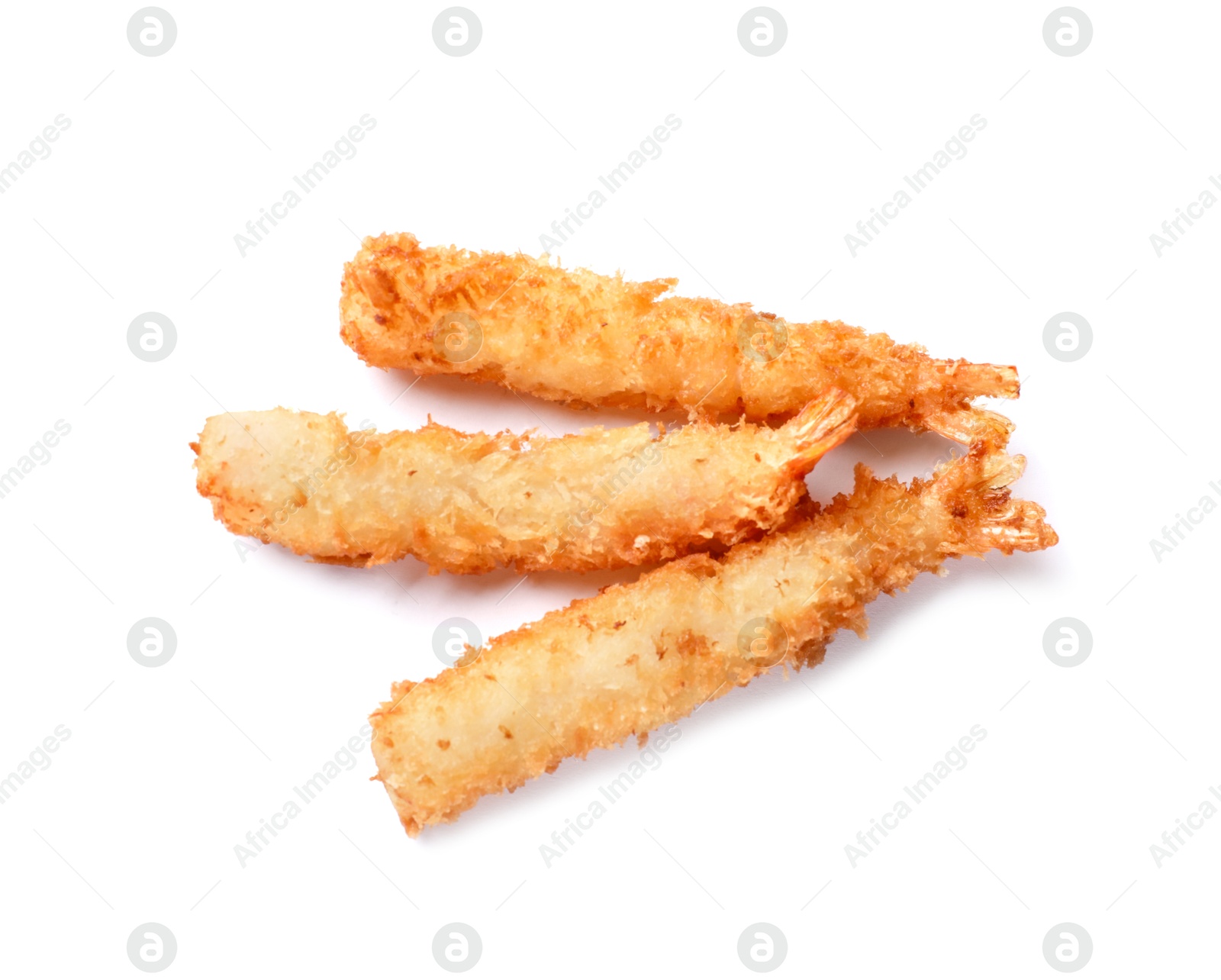 Photo of Tasty breaded fried shrimps isolated on white, top view