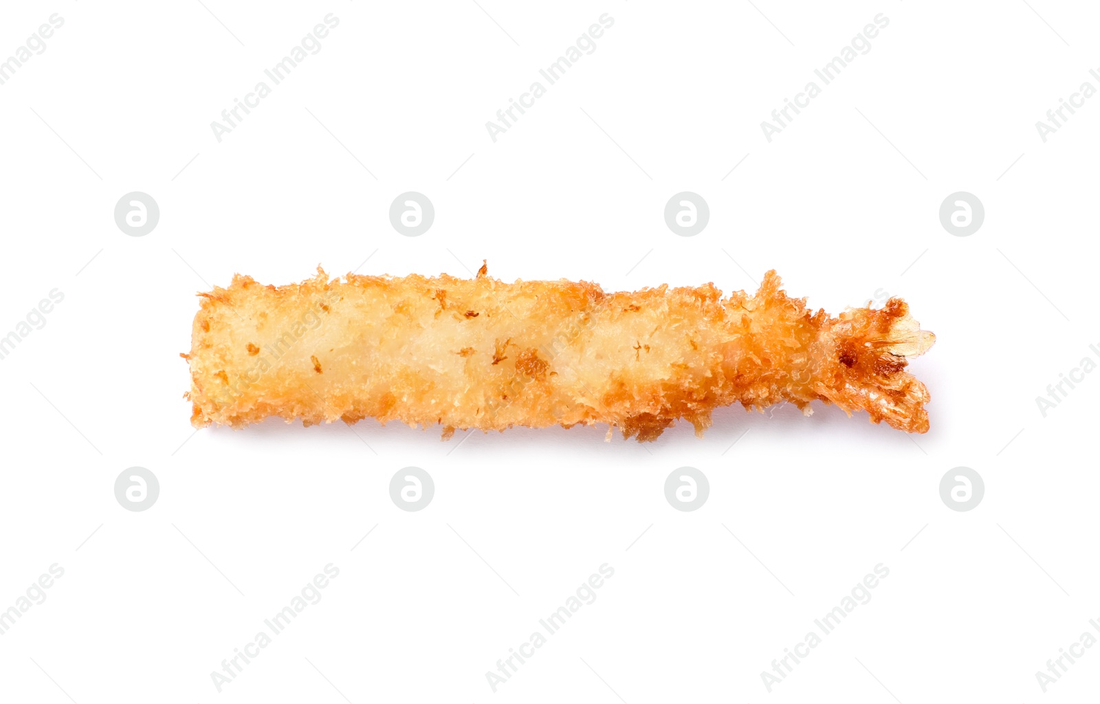 Photo of One tasty fried shrimp isolated on white, top view