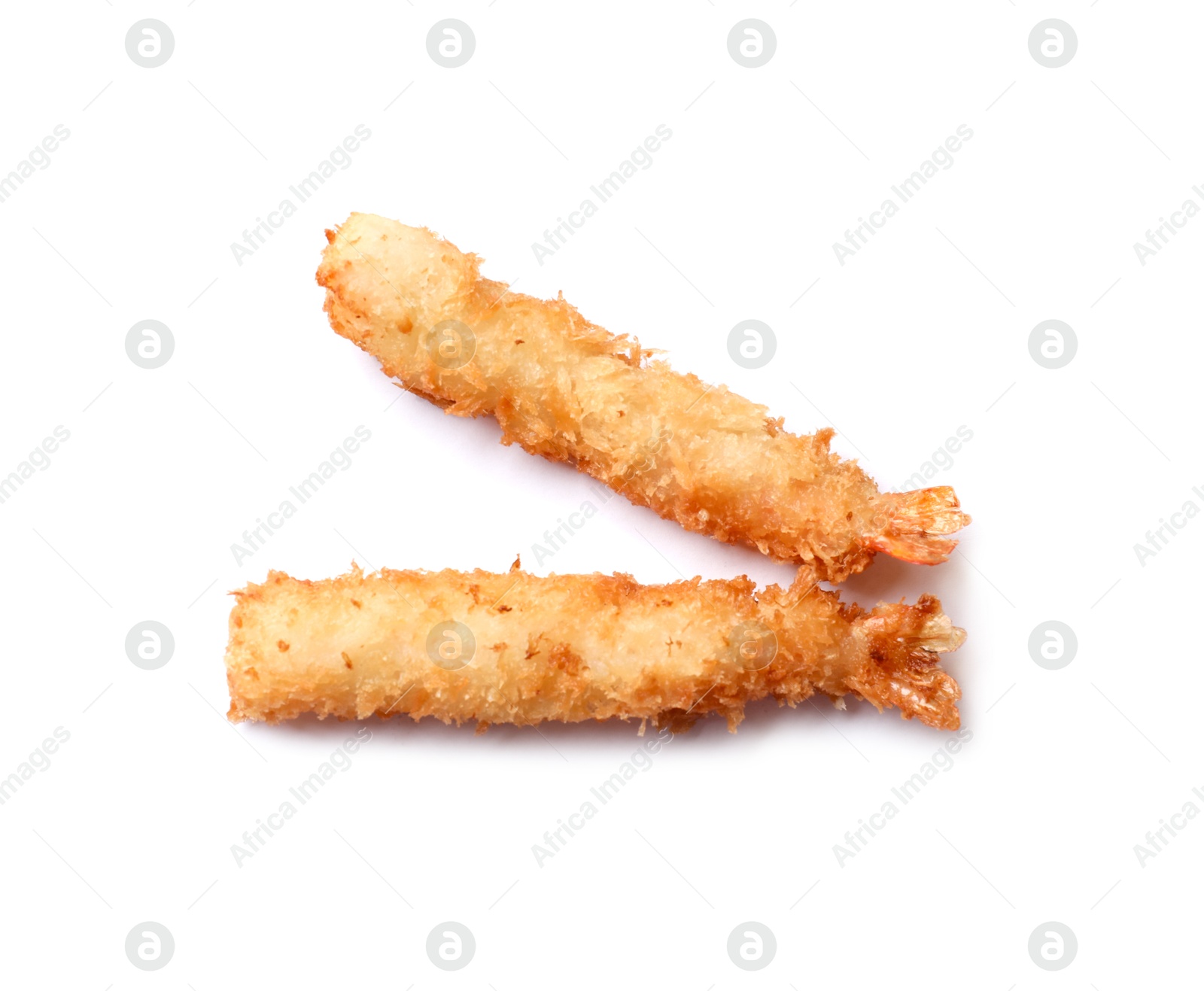 Photo of Tasty breaded fried shrimps isolated on white, top view