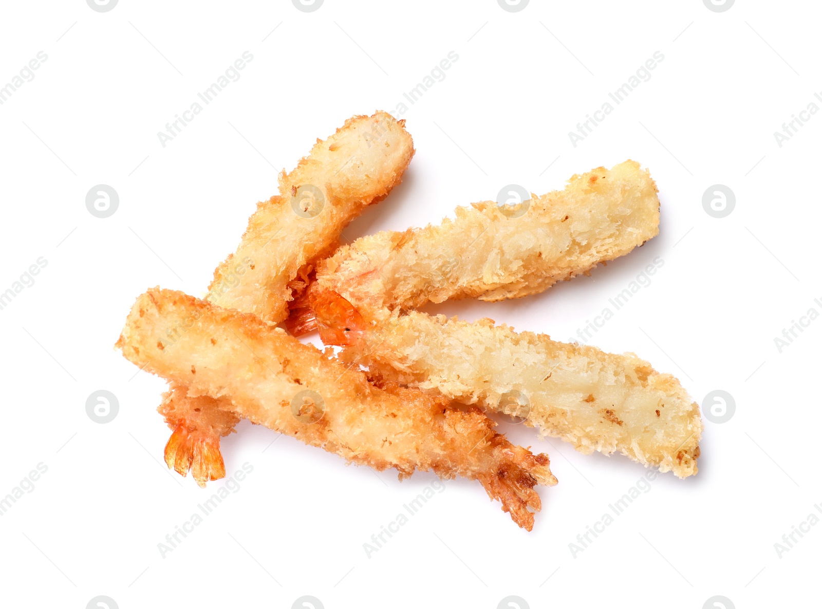 Photo of Tasty breaded fried shrimps isolated on white, top view