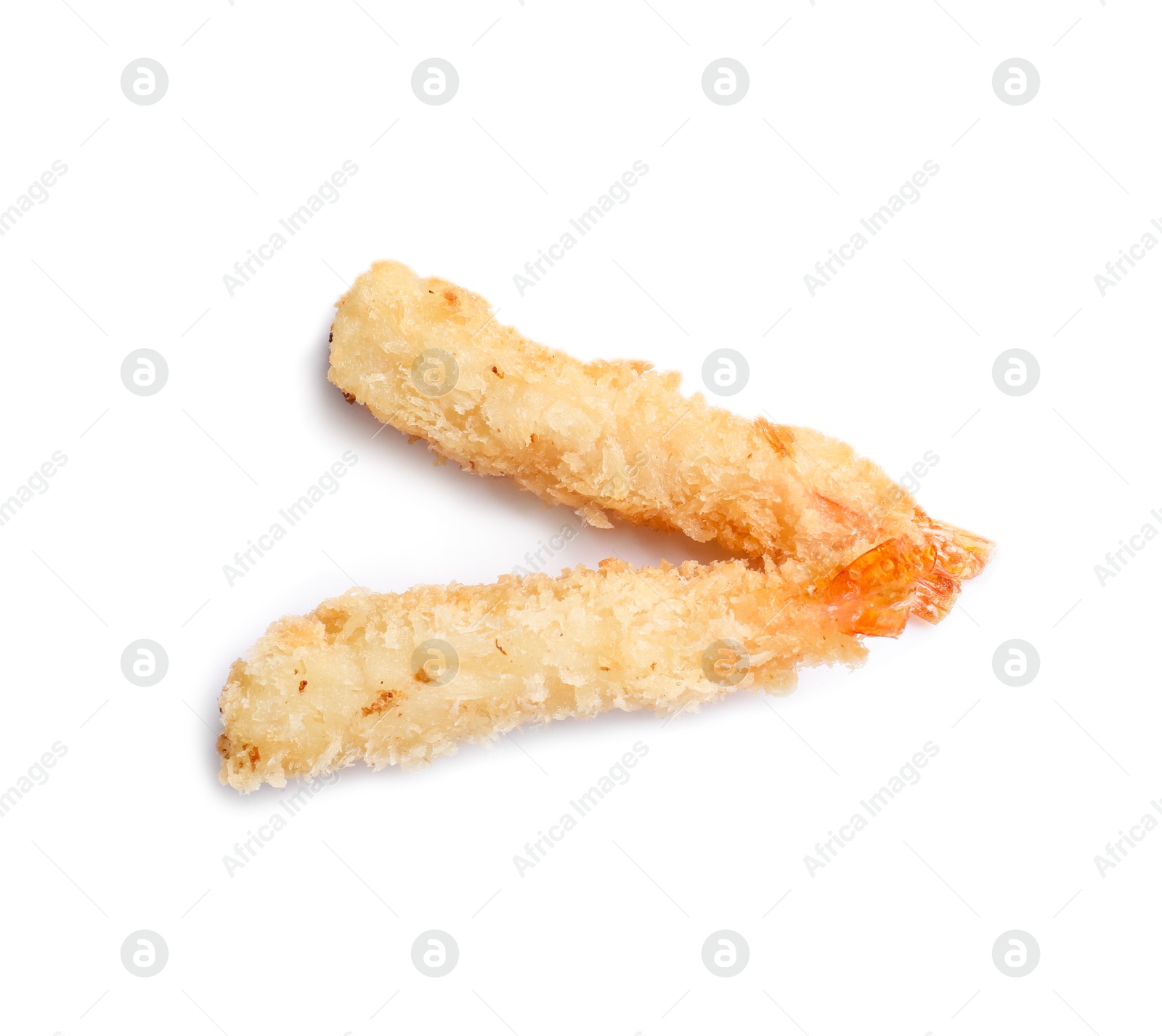 Photo of Tasty breaded fried shrimps isolated on white, top view