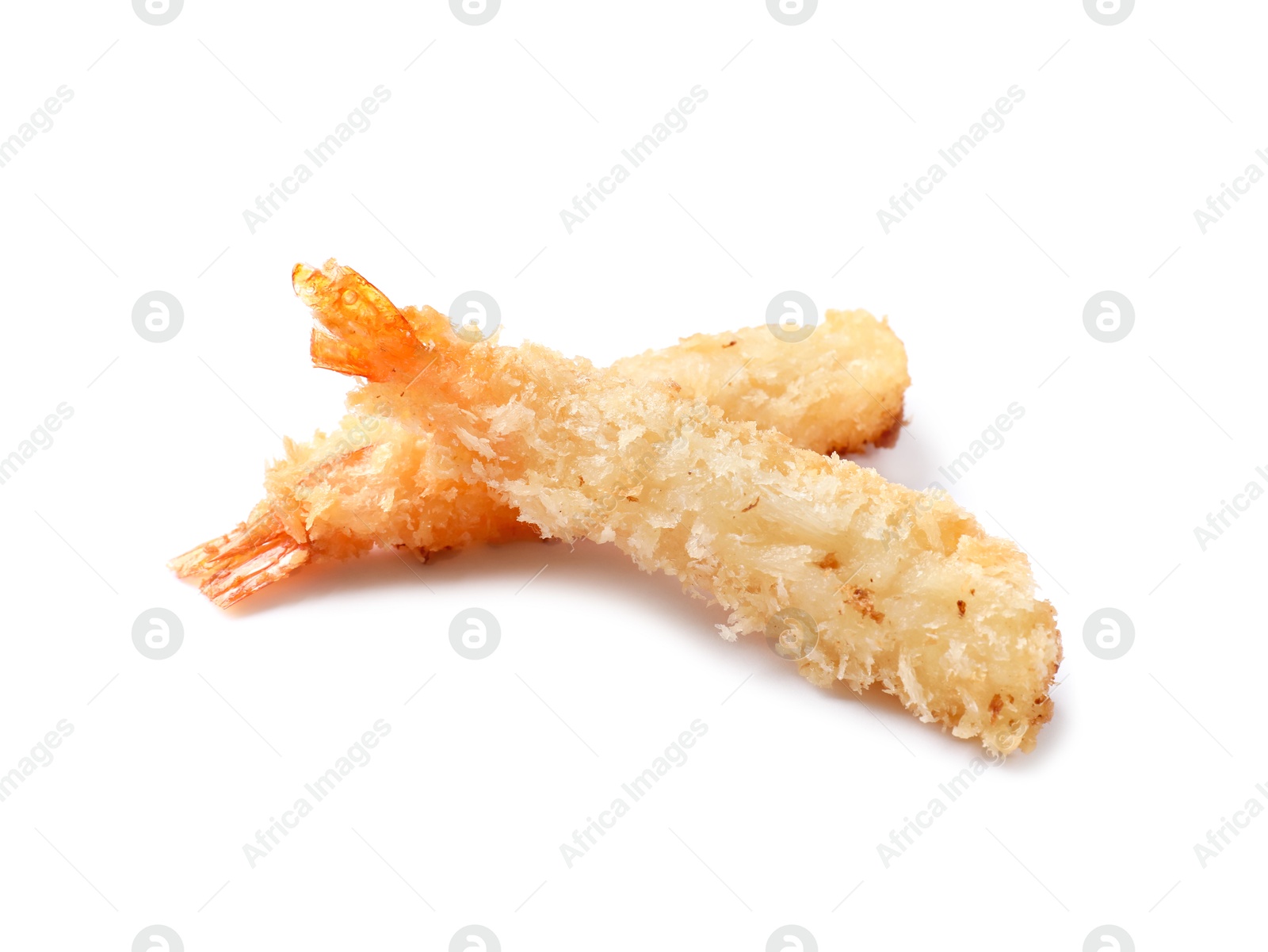 Photo of Tasty breaded fried shrimps isolated on white