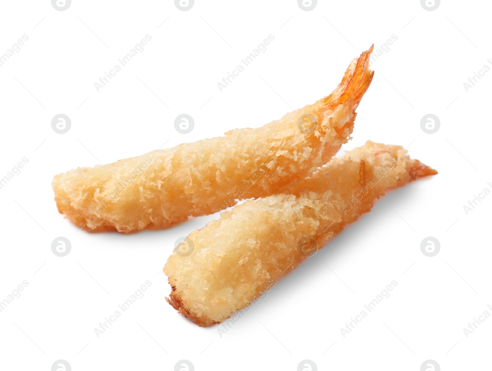 Photo of Tasty breaded fried shrimps isolated on white