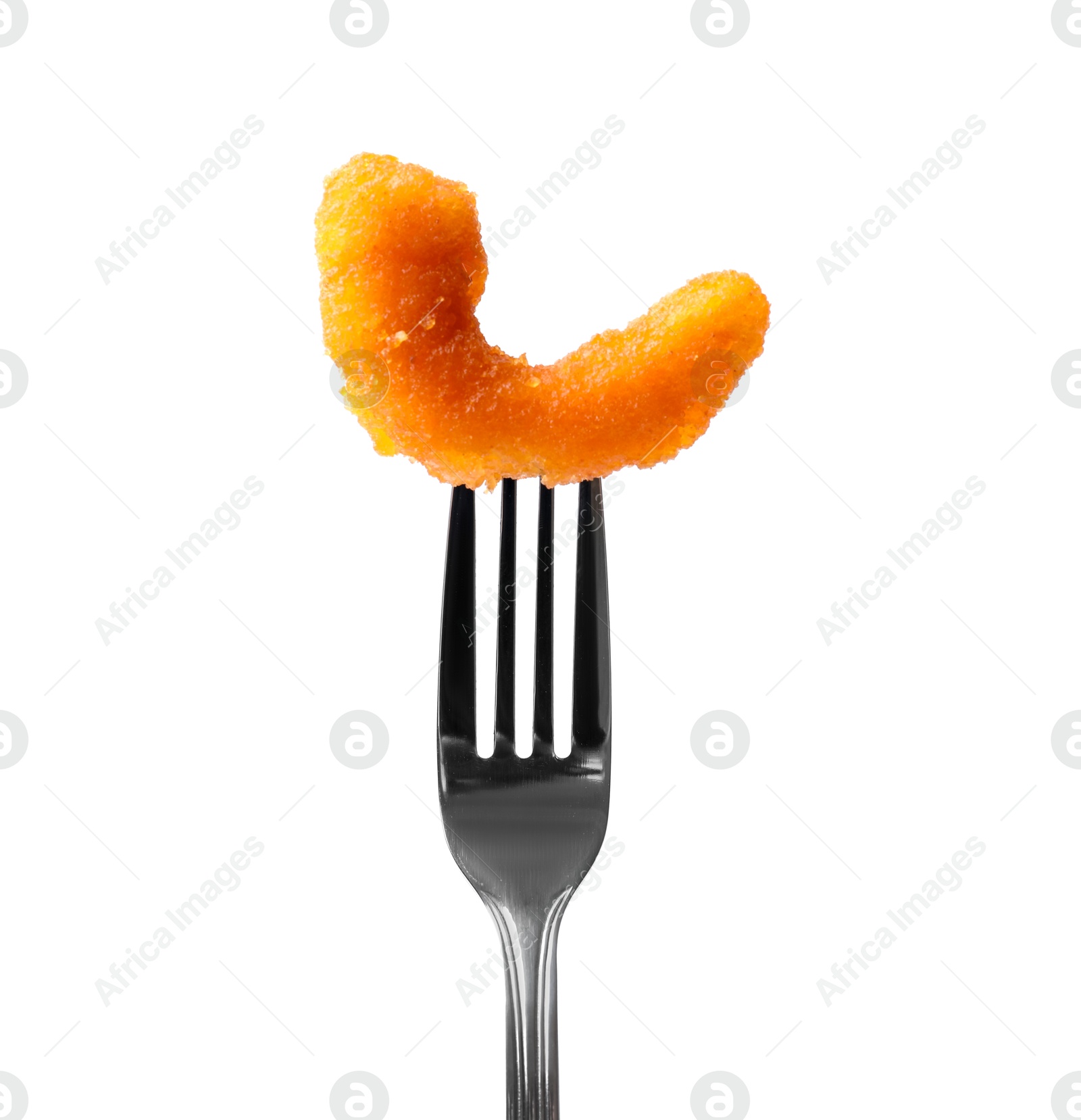 Photo of Fork with tasty fried shrimp isolated on white