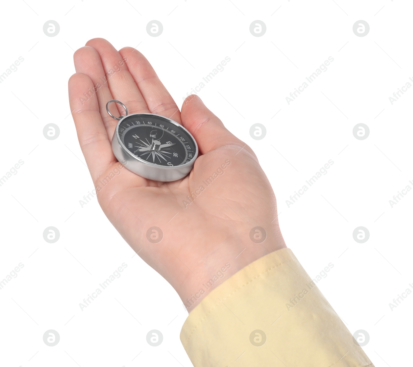 Photo of Woman holding compass on white background, closeup