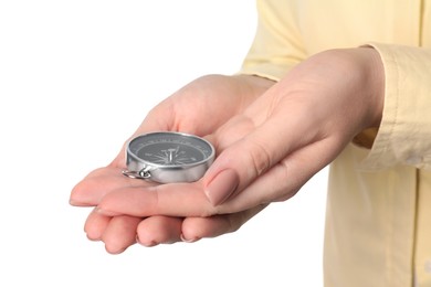 Photo of Woman holding compass on white background, closeup