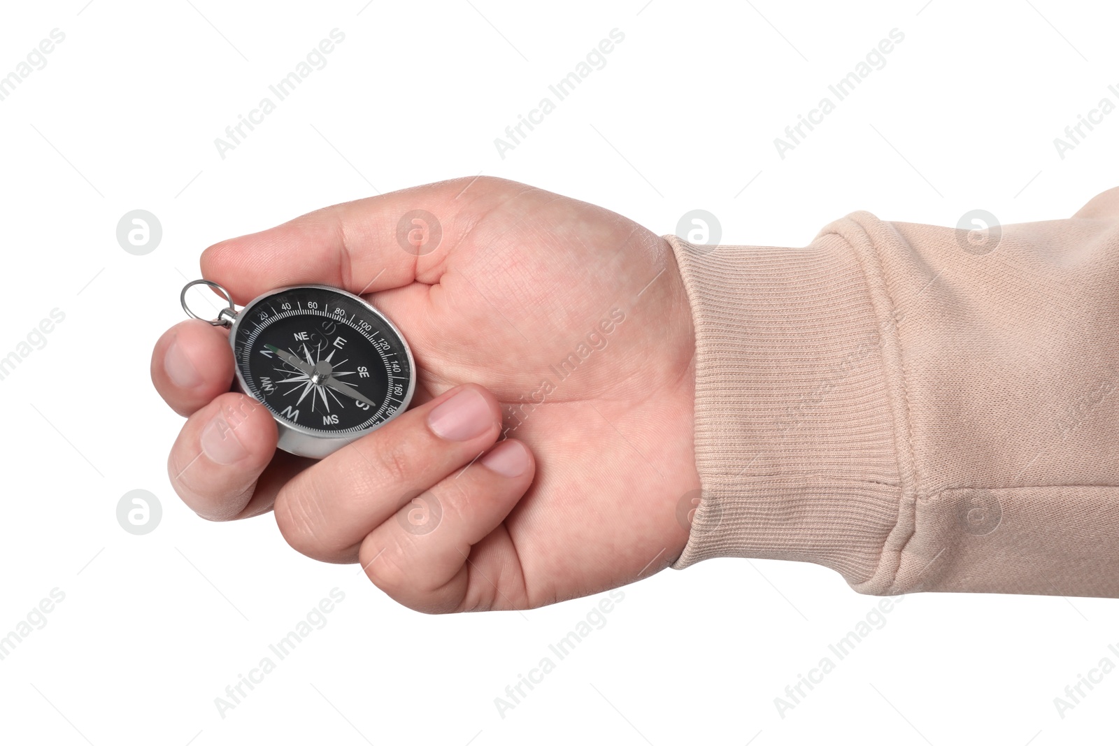 Photo of Man holding compass on white background, closeup