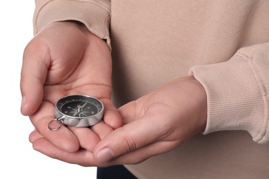 Photo of Man holding compass on white background, closeup