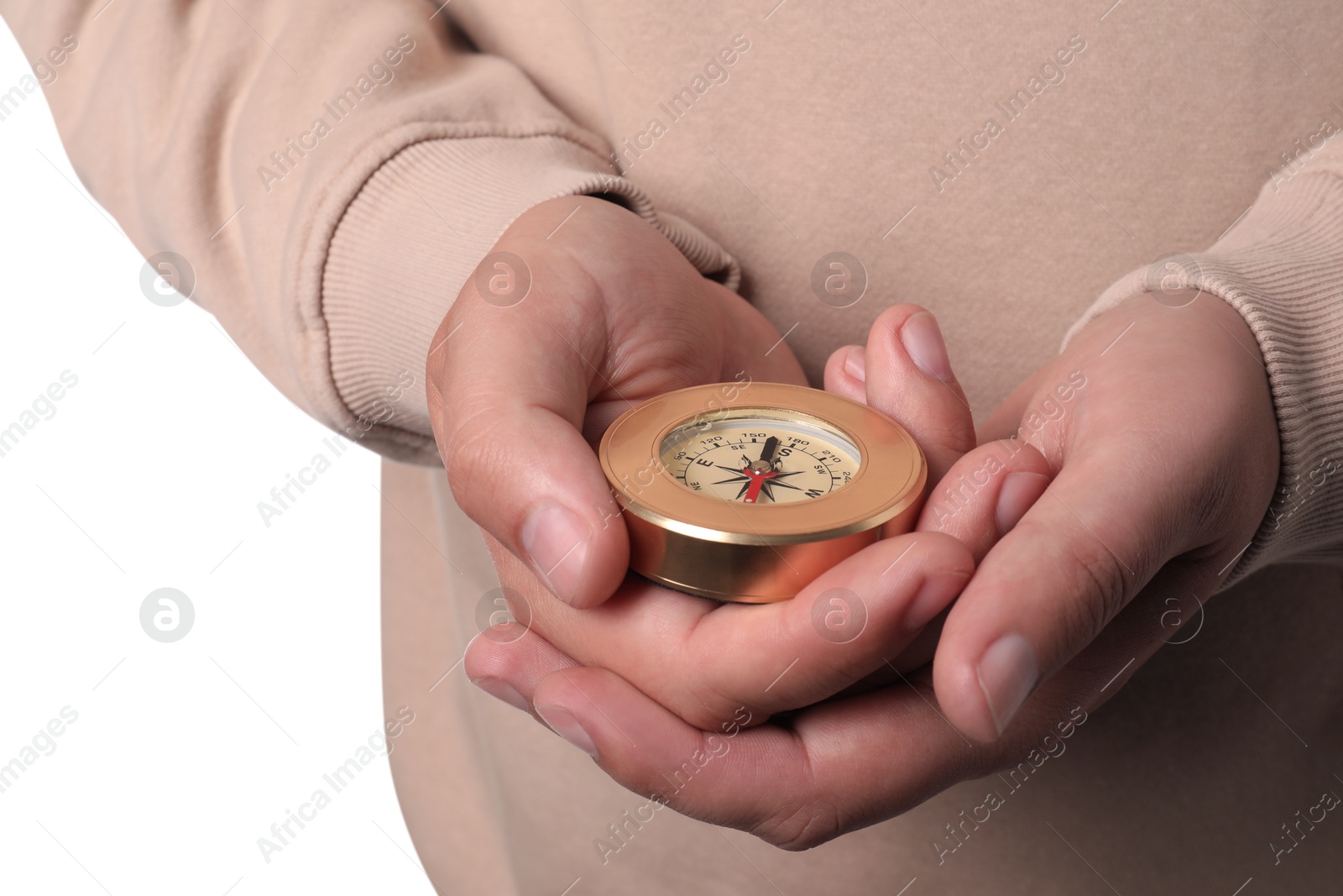 Photo of Man holding compass on white background, closeup